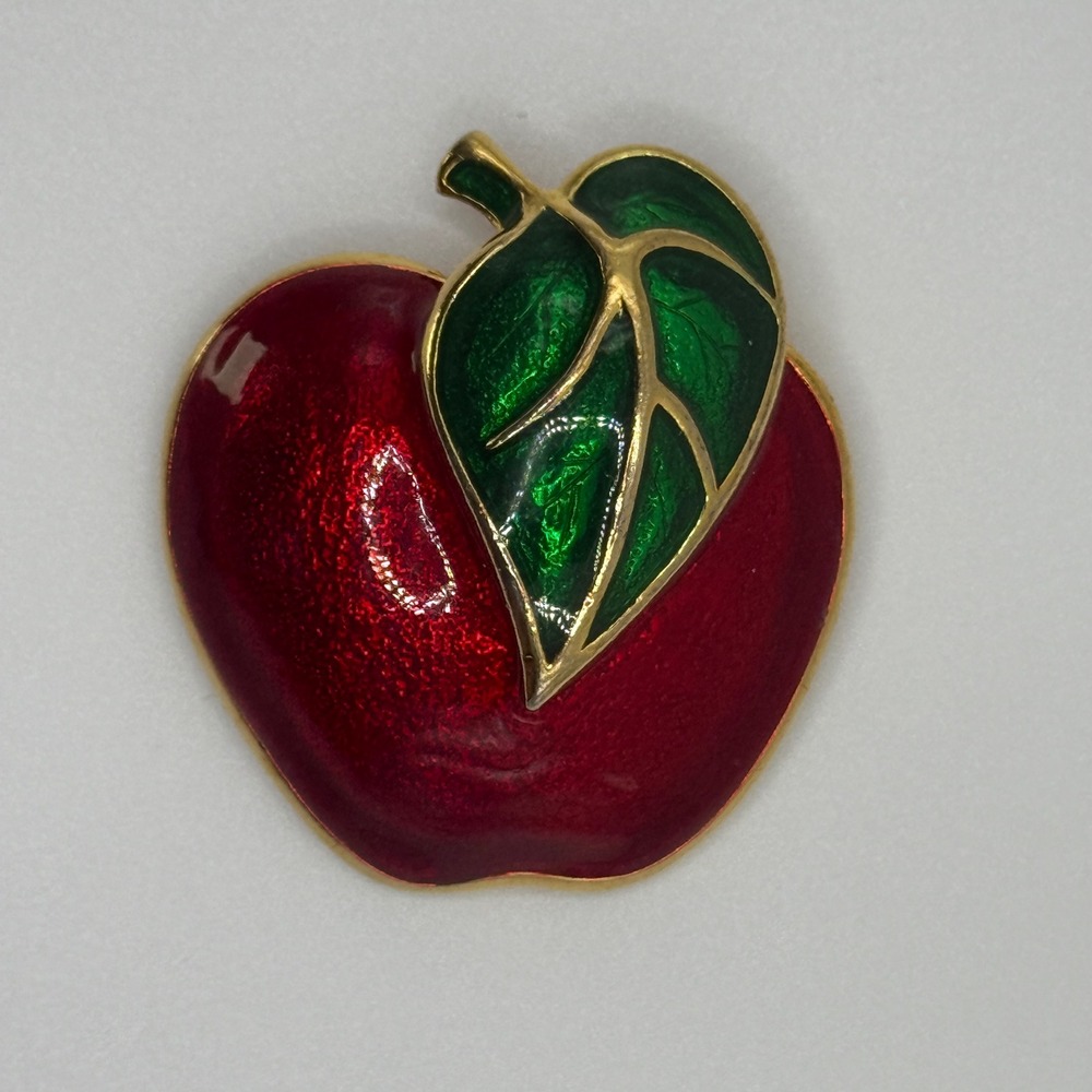 Vintage Red Apple Enamel Brooch Gold Tone Green Leaf Fruit Pin Teacher Gift